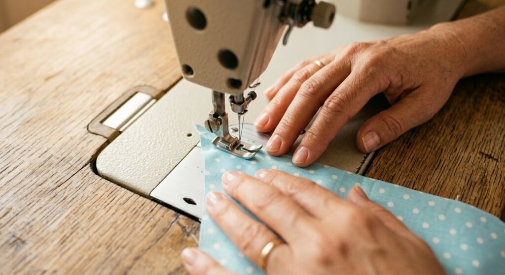 Mains d'une couturière guidant un tissu bleu à pois blancs sous l'aiguille de sa machine à coudre.