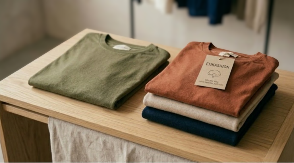 Pile de t-shirts en coton bio pliés (couleurs olive, terracotta, beige et bleu marine) sur un comptoir en bois, avec une étiquette en carton kraft avec le logo Etikashion et la mention coton bio.