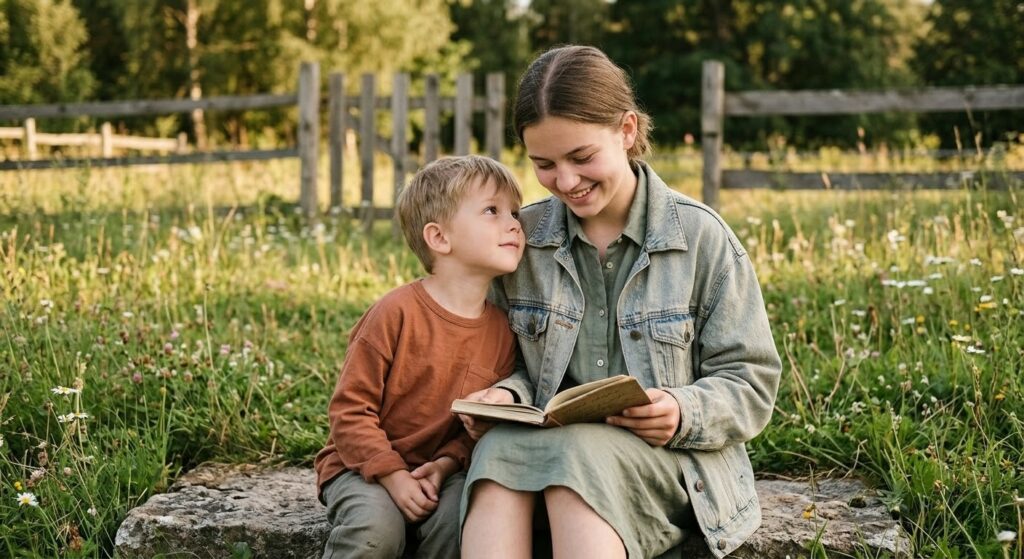 Moment complice en plein air entre une adolescente et un jeune garçon assis sur une pierre, portant des vêtements écoresponsables aux tons naturels et lisant un carnet ensemble.