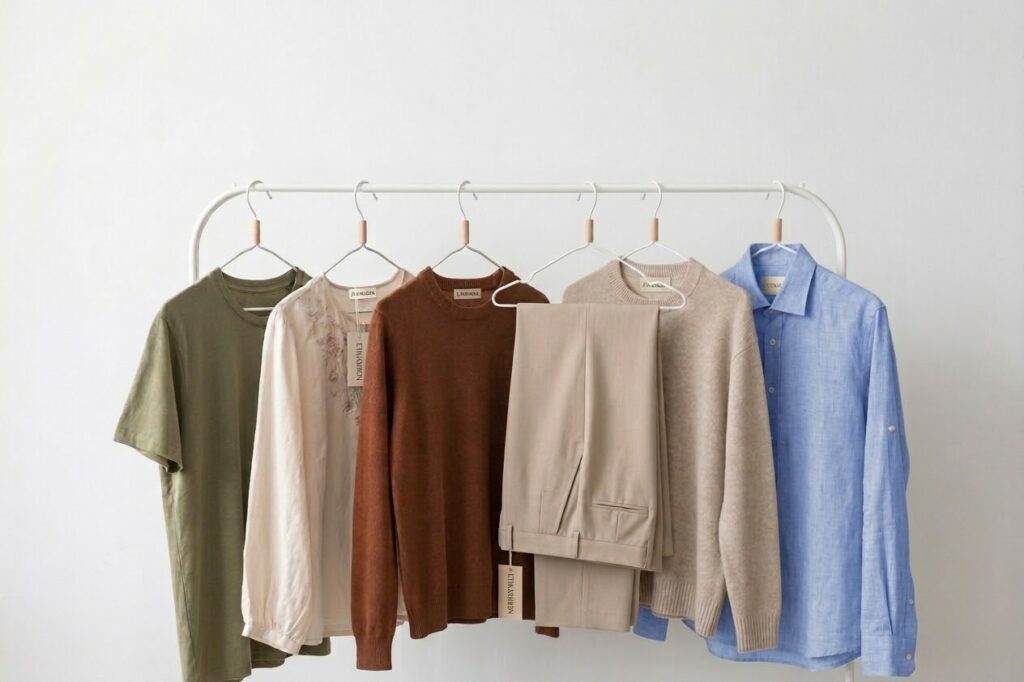 Dressing capsule mixte sur un portant blanc minimaliste présentant un t-shirt vert, une blouse beige, un pull terracotta, un pantalon de costume beige, un pull beige et une chemise en lin bleu.